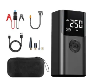 10000mAh Portable Multifunctional Car Jump Starter & Tire Inflator | All-in-One 12V Device with Phone Charging, LED Lighting, and Pressure Gauge