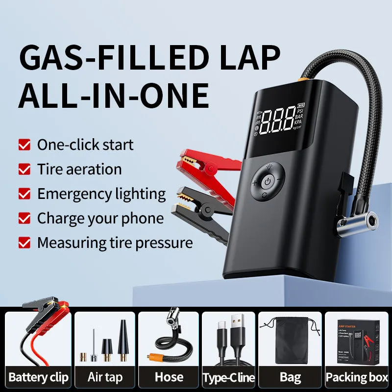 10000mAh Portable Multifunctional Car Jump Starter & Tire Inflator | All-in-One 12V Device with Phone Charging, LED Lighting, and Pressure Gauge