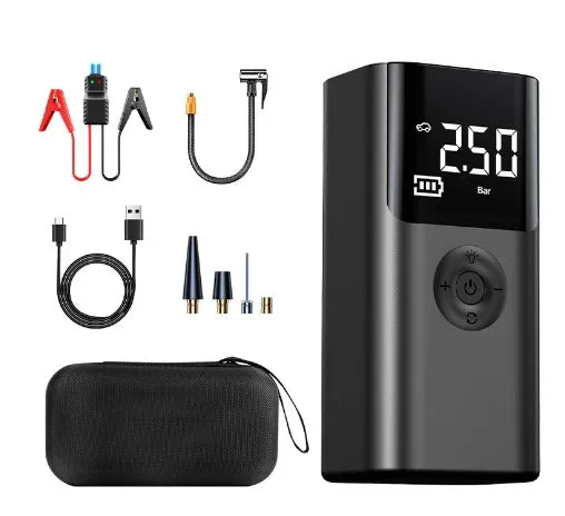 10000mAh Portable Multifunctional Car Jump Starter & Tire Inflator | All-in-One 12V Device with Phone Charging, LED Lighting, and Pressure Gauge