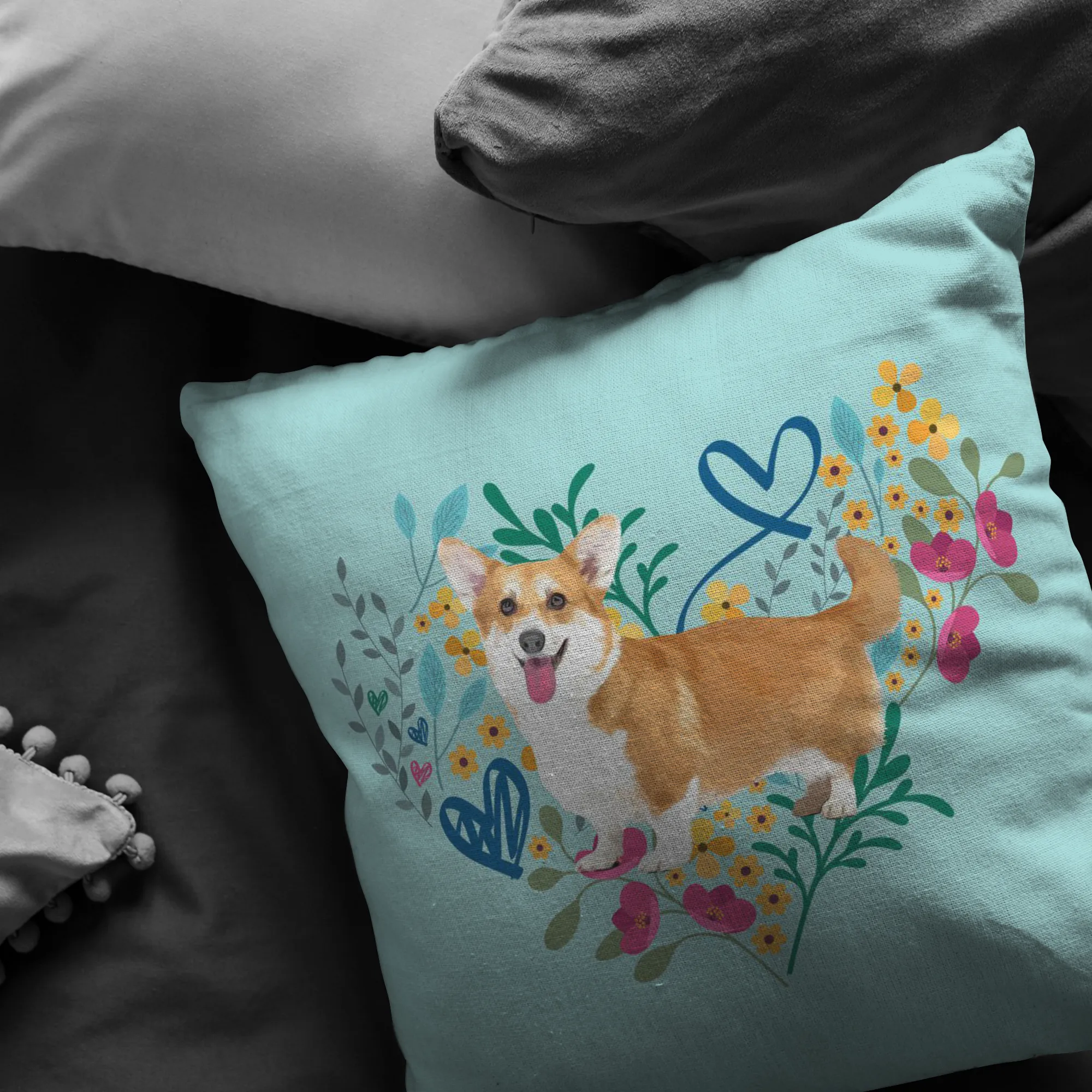 Corgi - Heart Shape Flower Pillow