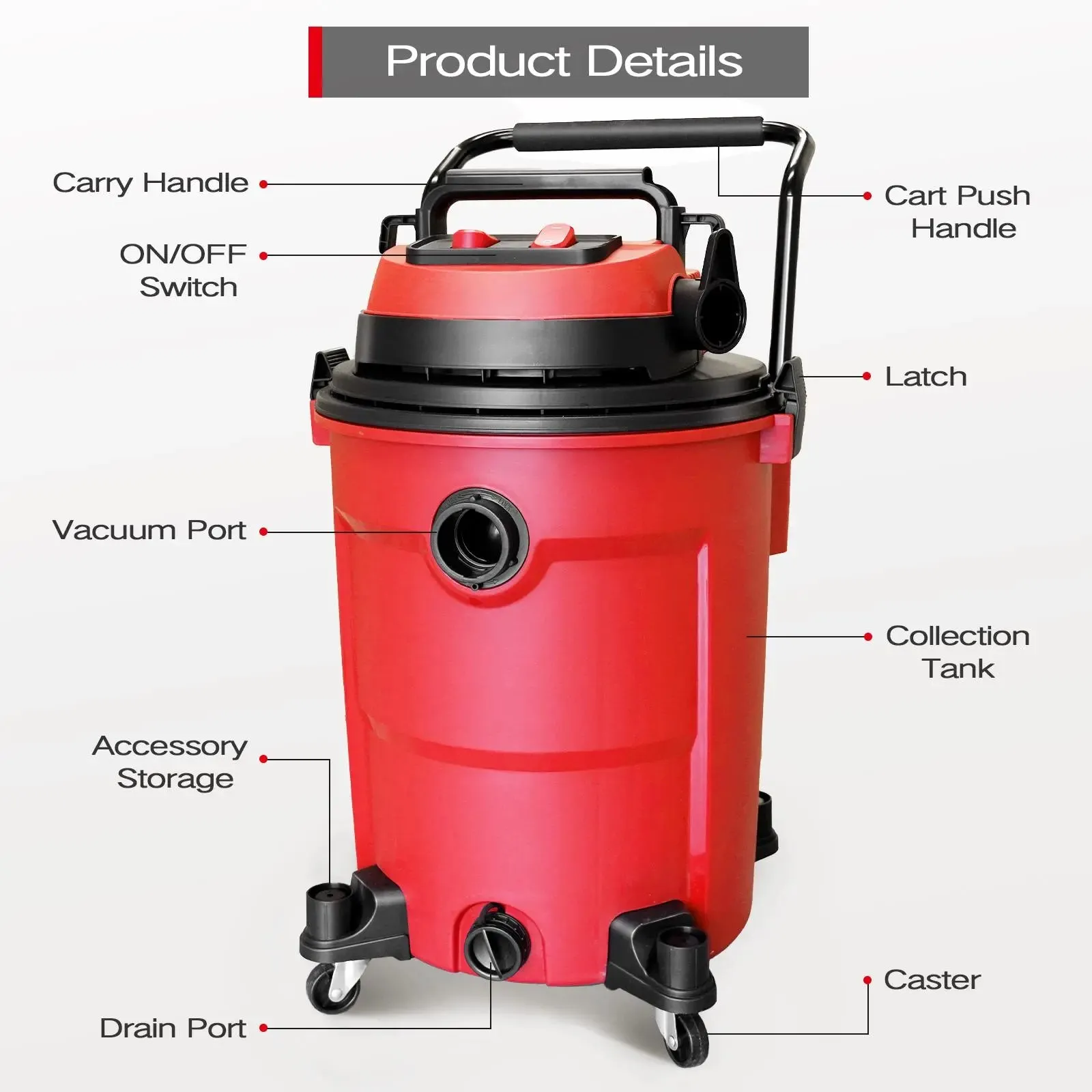 MOOSOO K-616 Heavy Duty 3-in-1 Wet Dry Vacuum - 16 Gallon, 6HP High Suction Shop Vac with Blower Function for Garage, Outdoors, and Job Site