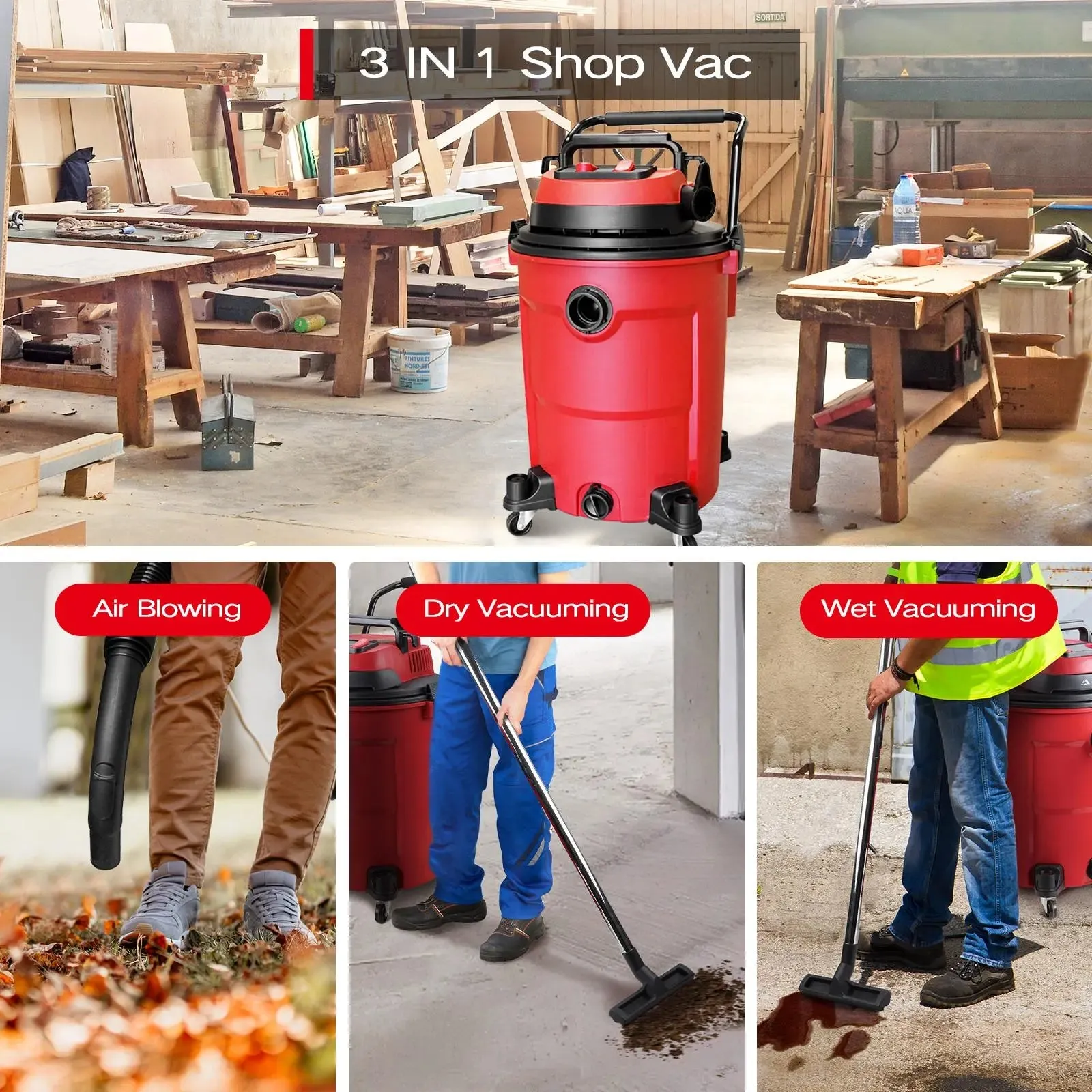 MOOSOO K-616 Heavy Duty 3-in-1 Wet Dry Vacuum - 16 Gallon, 6HP High Suction Shop Vac with Blower Function for Garage, Outdoors, and Job Site