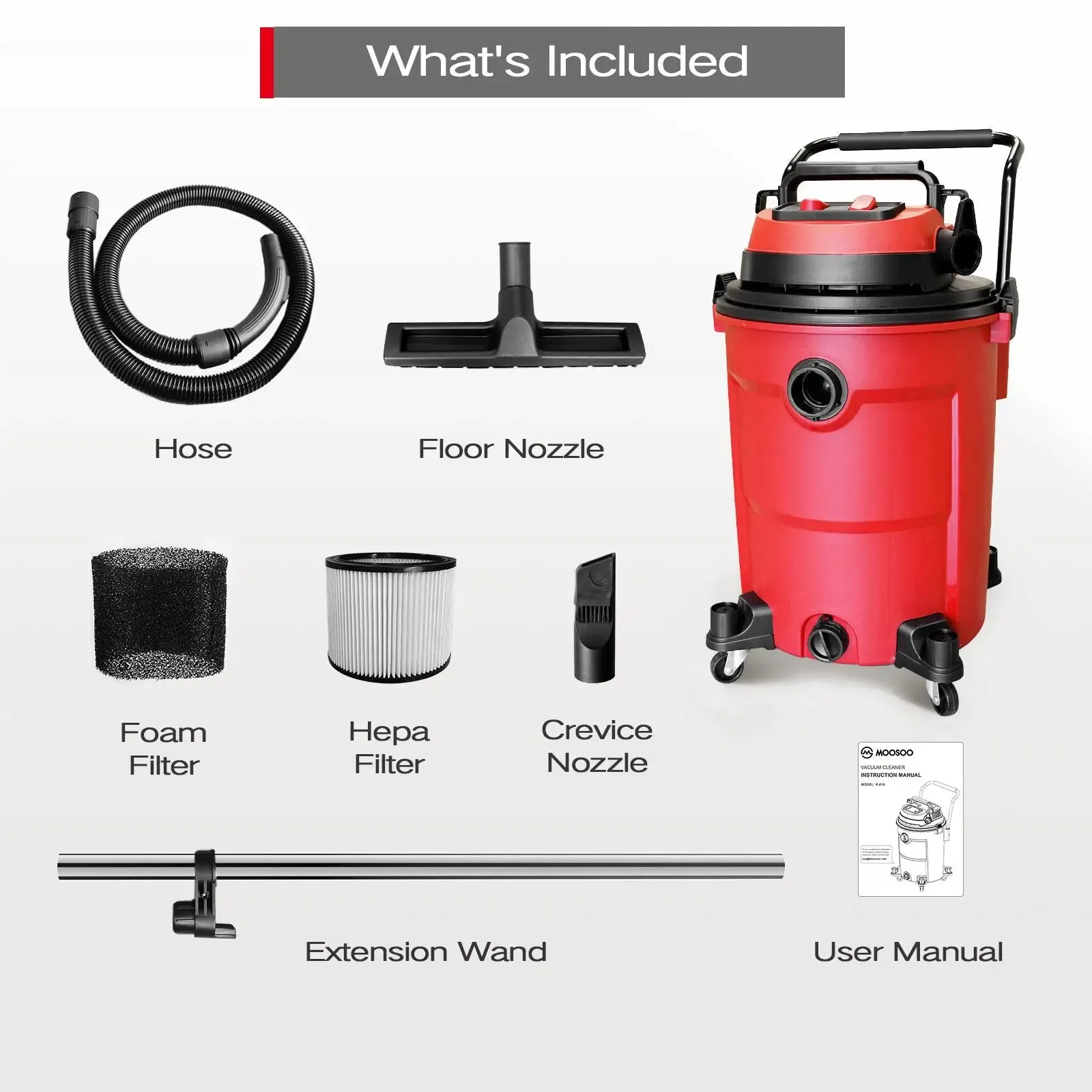 MOOSOO K-616 Heavy Duty 3-in-1 Wet Dry Vacuum - 16 Gallon, 6HP High Suction Shop Vac with Blower Function for Garage, Outdoors, and Job Site