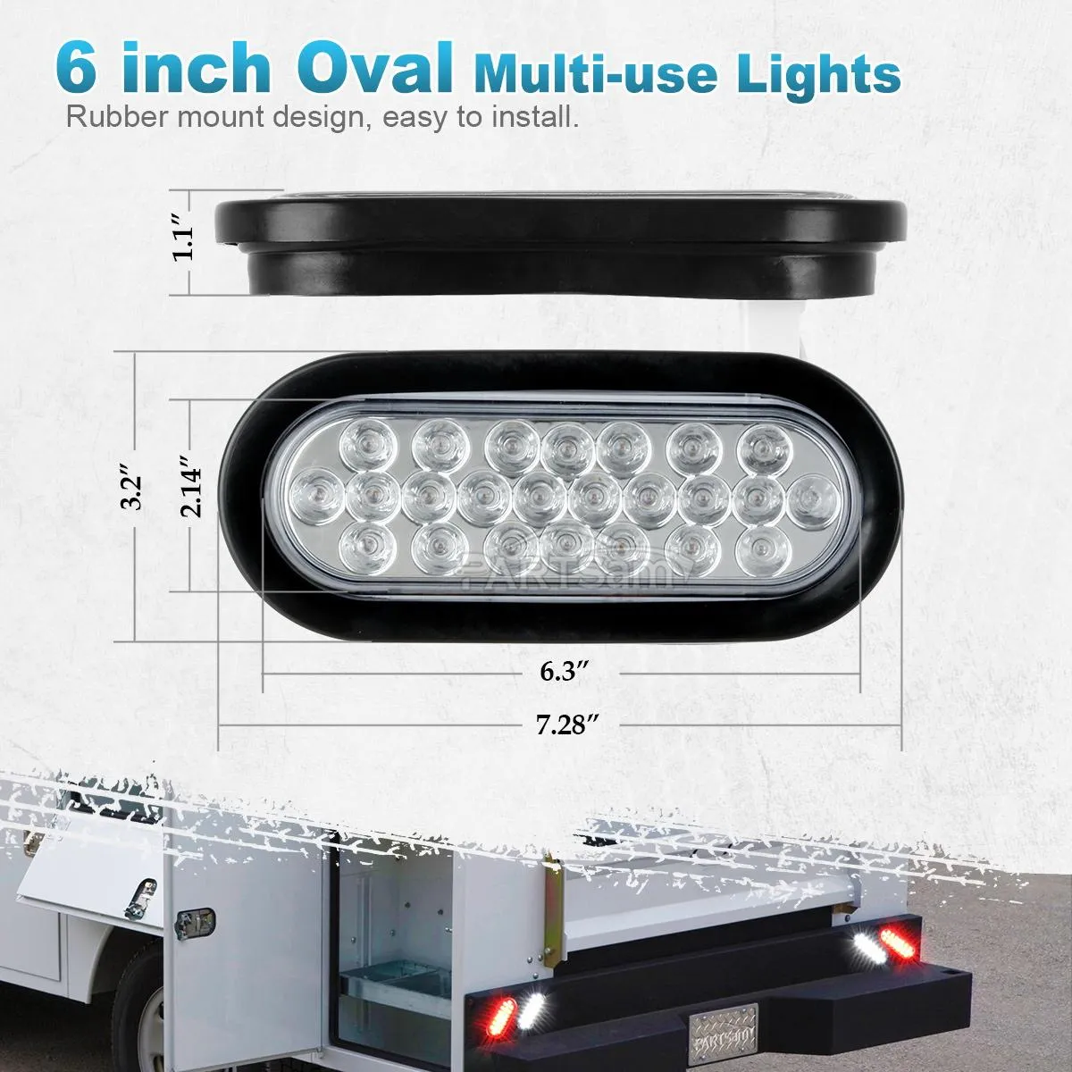 Partsam 2x Oval Clear Lens White Stop Turn Tail Backup Reverse Fog Lights Lamps Rubber Flush Mount 6inch 24 LED for Truck Trailer Boat RV Waterproof