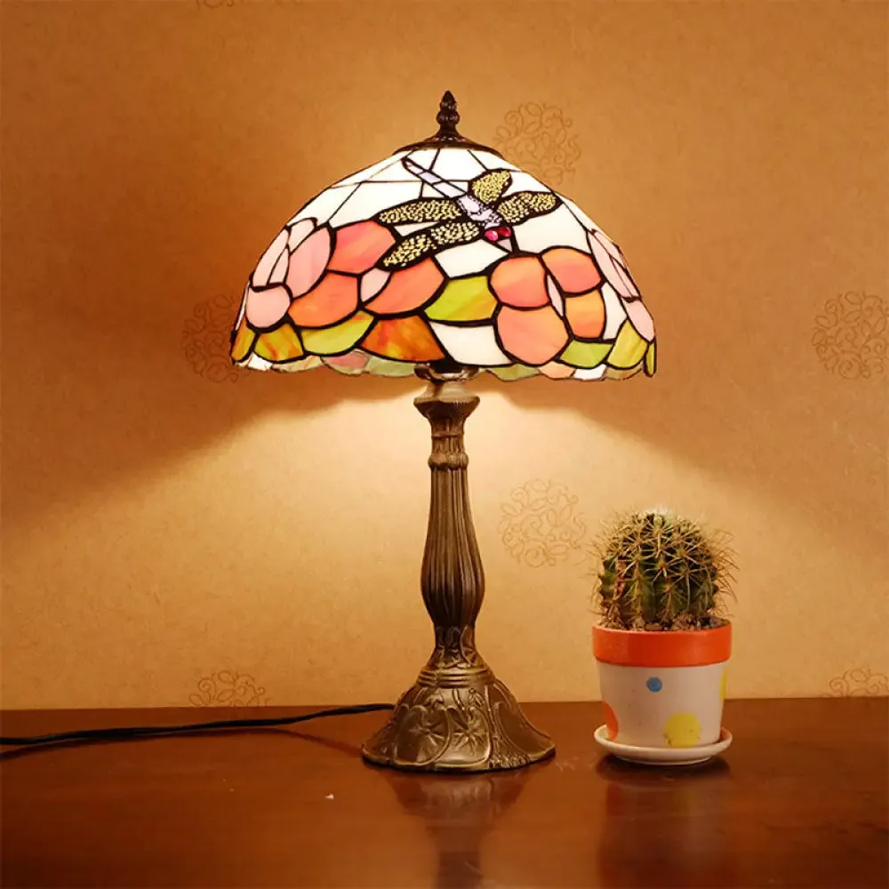 Tiffany Dragonfly Nightstand Lamp with Colorful Bowl Shade