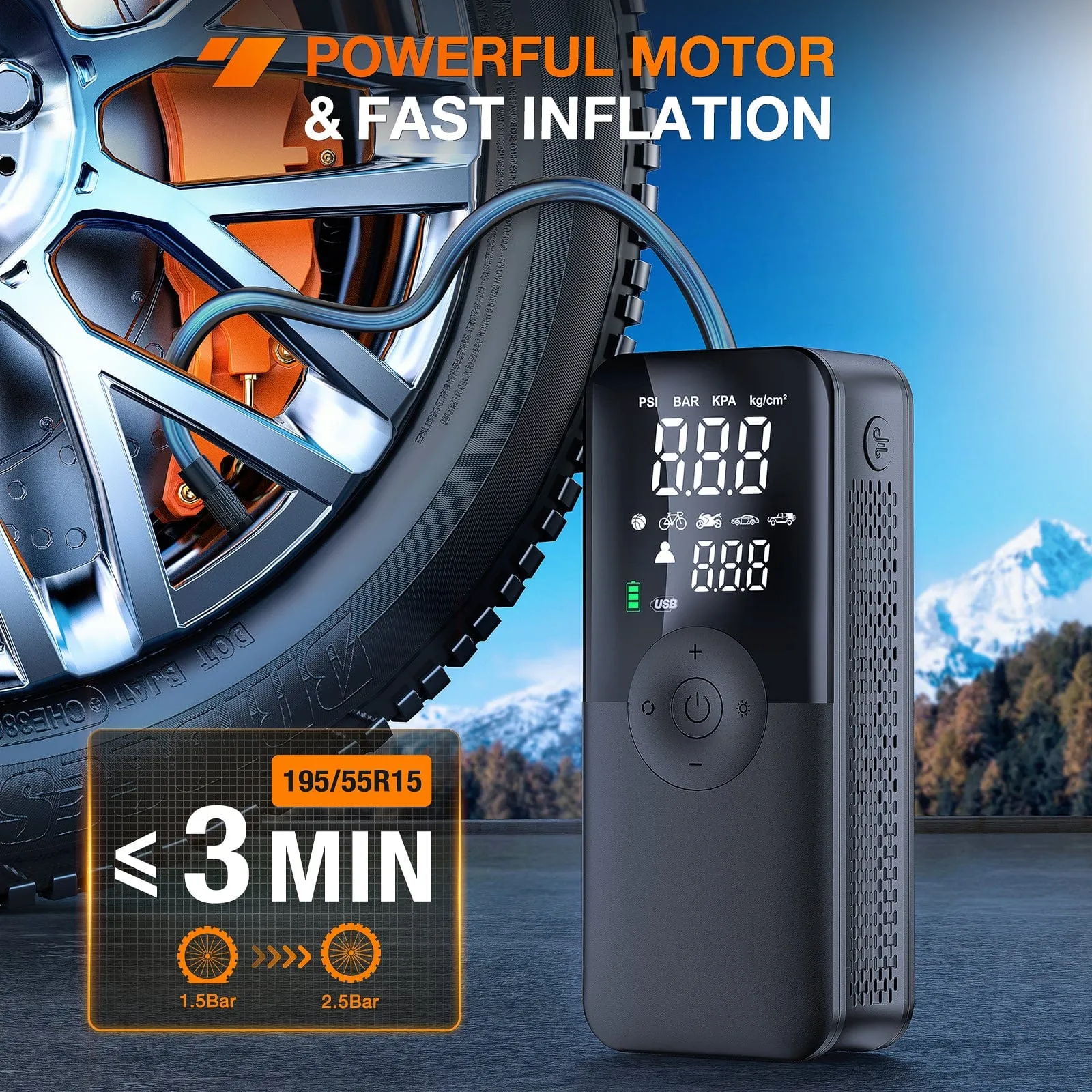 Tire Inflator Portable Air Compressor Rechargeable Battery Cordless 150PSI Faster Inflation Air Pump for Car Tires with Tire Pressure Gauge
